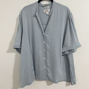 Talbots Woman Petites Silk Blouse Size 24W Light Blue Flowy Button Up Lagenlook